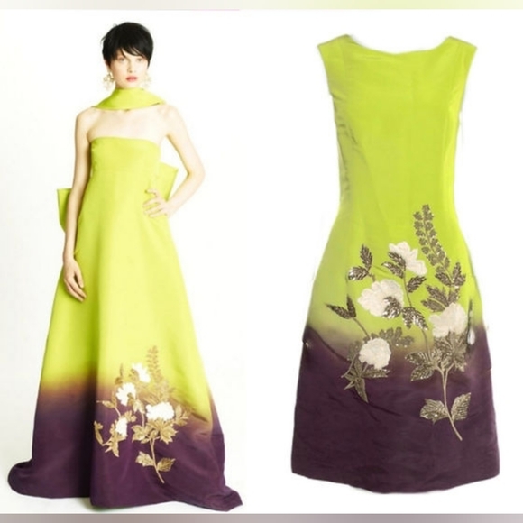 Neiman Marcus Dresses & Skirts - ^□$6,000 OSCAR DE LA RENTA SILK DIP DYE GREEN EXCL EMBROID RUNW MIDI DRESS 14 XL